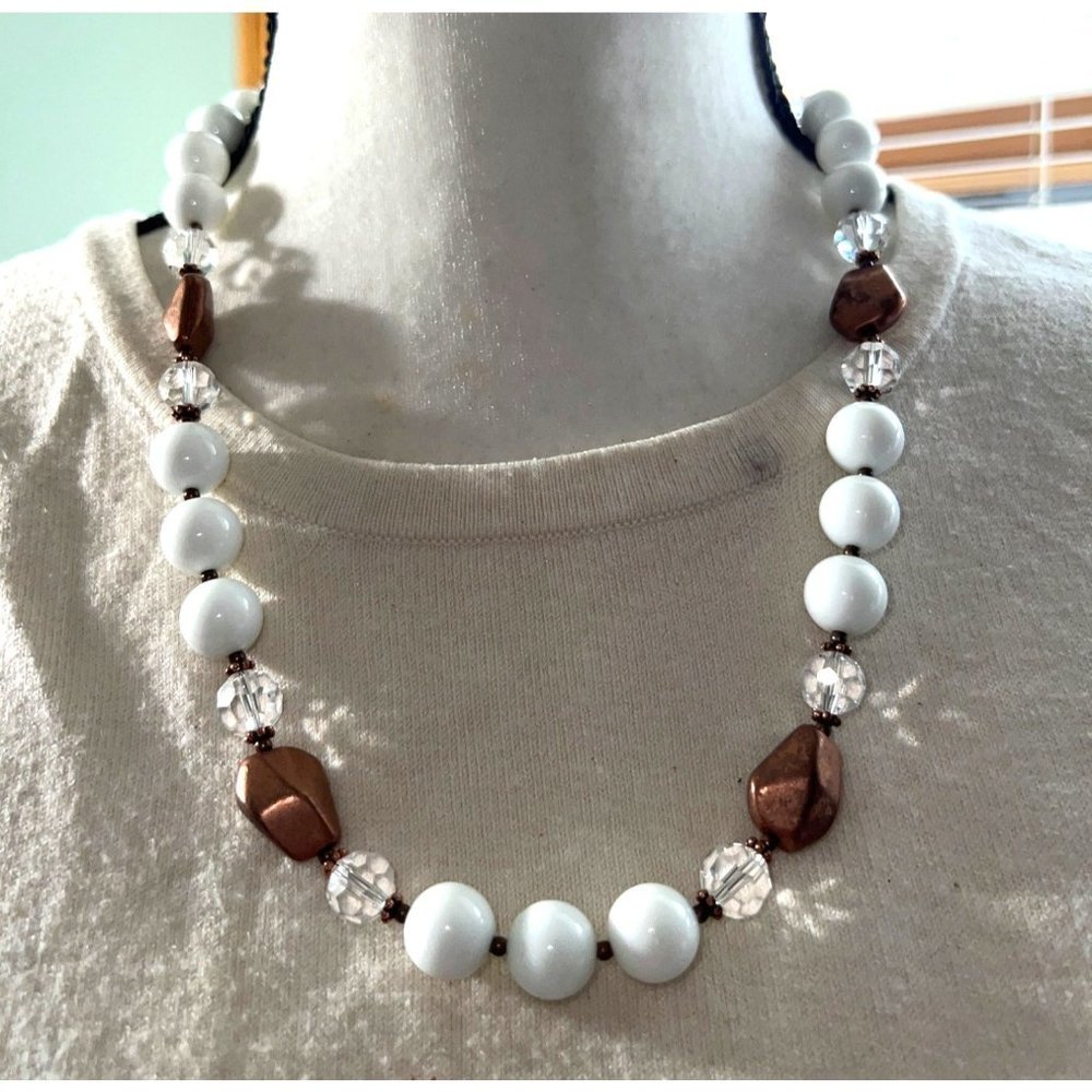 White & Brown Glass Bead Toggle Clasp Necklace -- 18"